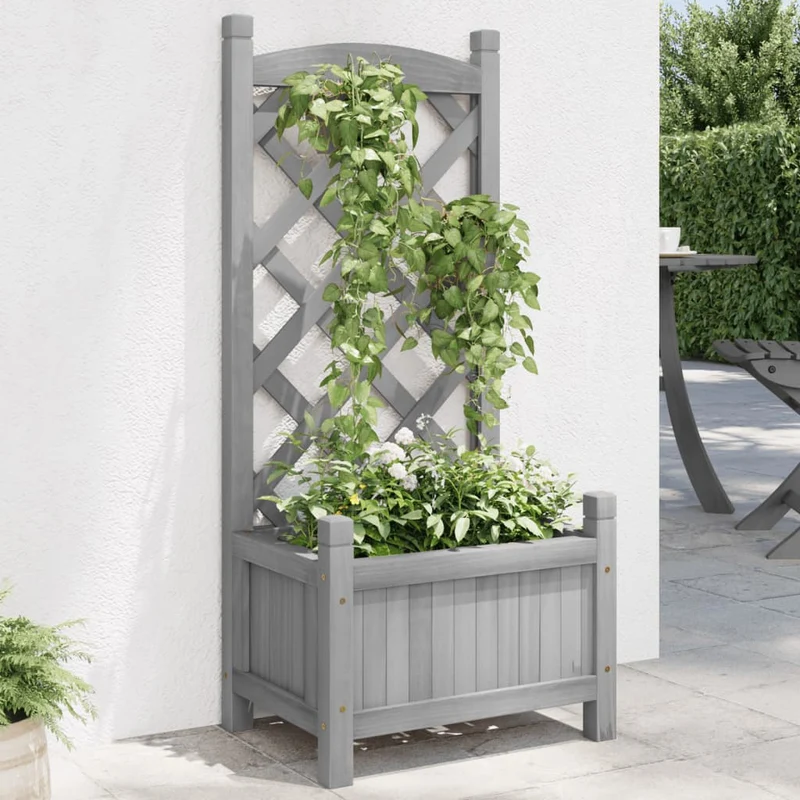 Jardinera Con Enrejado Gris 40x30x90 Cm Madera Maciza De Abeto