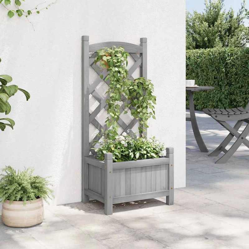 Jardinera Con Enrejado Gris 40x30x90 Cm Madera Maciza De Abeto