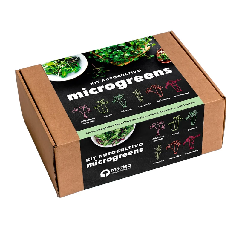 Kit Cultivo Microgreens Albahaca Morada, Berro, Girasol, Guisante, Rabanito y Remolacha - Resetea