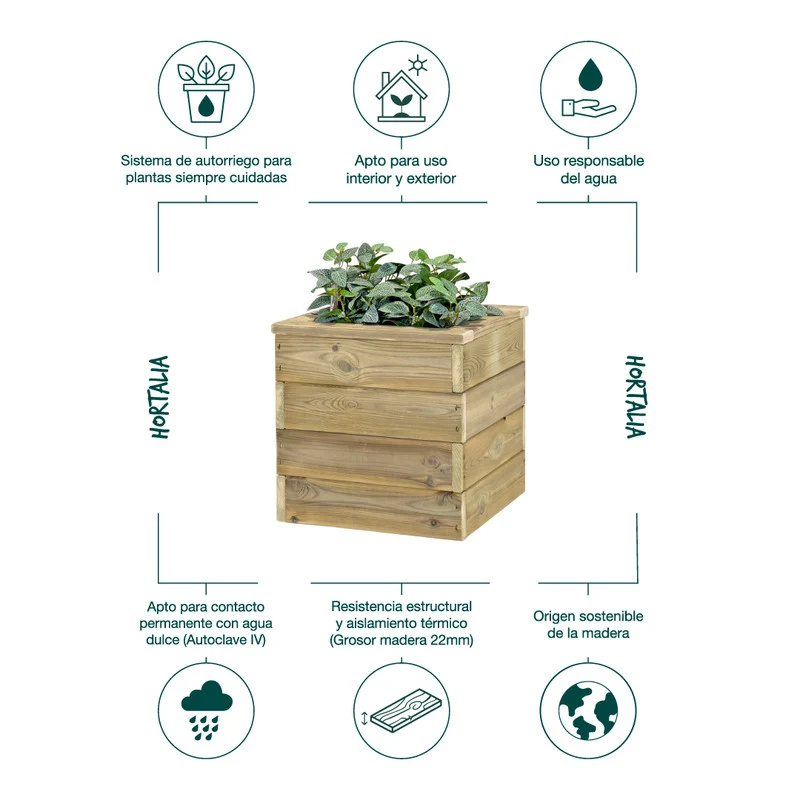 Jardinera De Madera Con Autorriego 40x40x40 Cm Nidum Basic Hortalia