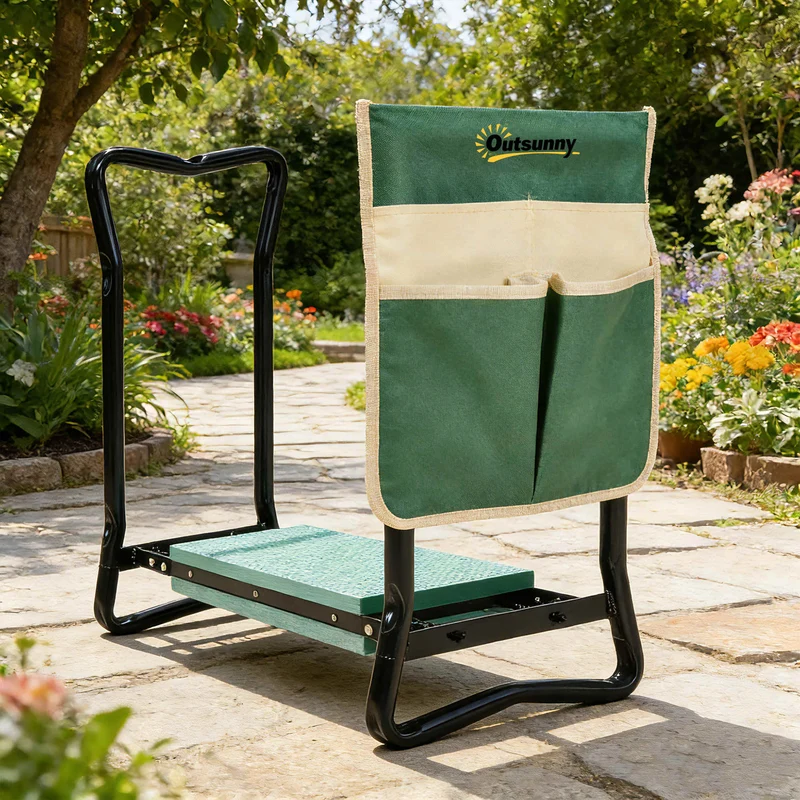 Outsunny Taburete De Jardín Plegable 2 En 1 Con Almohadilla De Espuma Y Bolsa