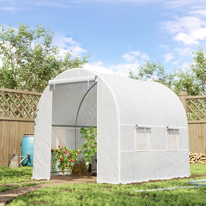 Outsunny Invernadero Túnel 245x200x200cm Con 4 Ventanas Cultivo Plantas Blanco