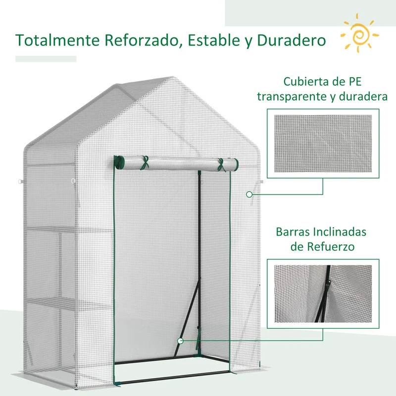 Outsunny Invernadero Jardín 143x73x195 Cm Acero Con 2 Estantes Puerta Enrollable