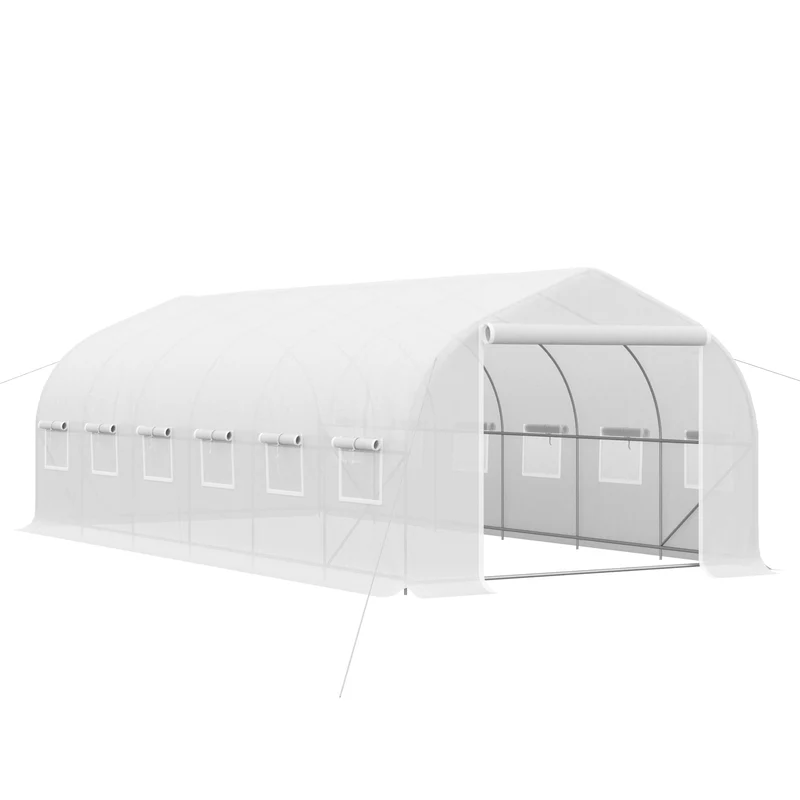 Homcom Invernadero Túnel 595x300x200 Cm 12 Ventanas Y Puerta Enrollable Blanco