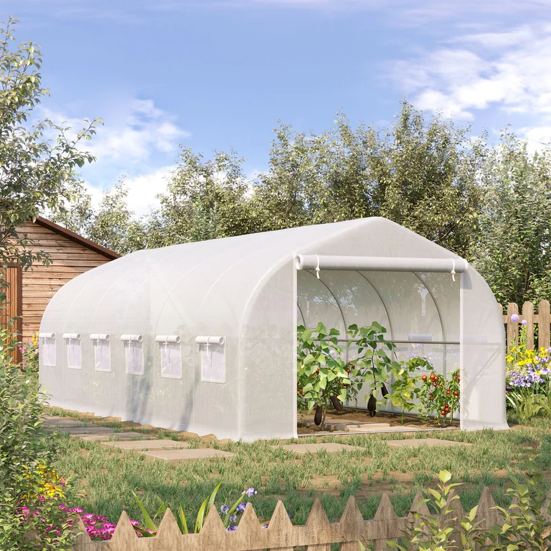 Homcom Invernadero Túnel 595x300x200 Cm 12 Ventanas Y Puerta Enrollable Blanco