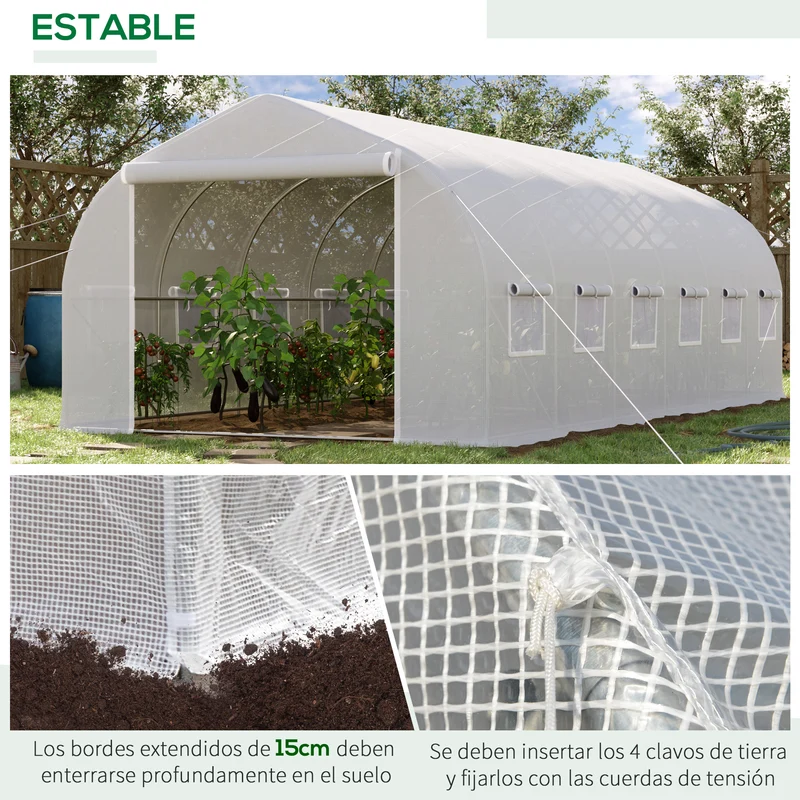 Homcom Invernadero Túnel 595x300x200 Cm 12 Ventanas Y Puerta Enrollable Blanco