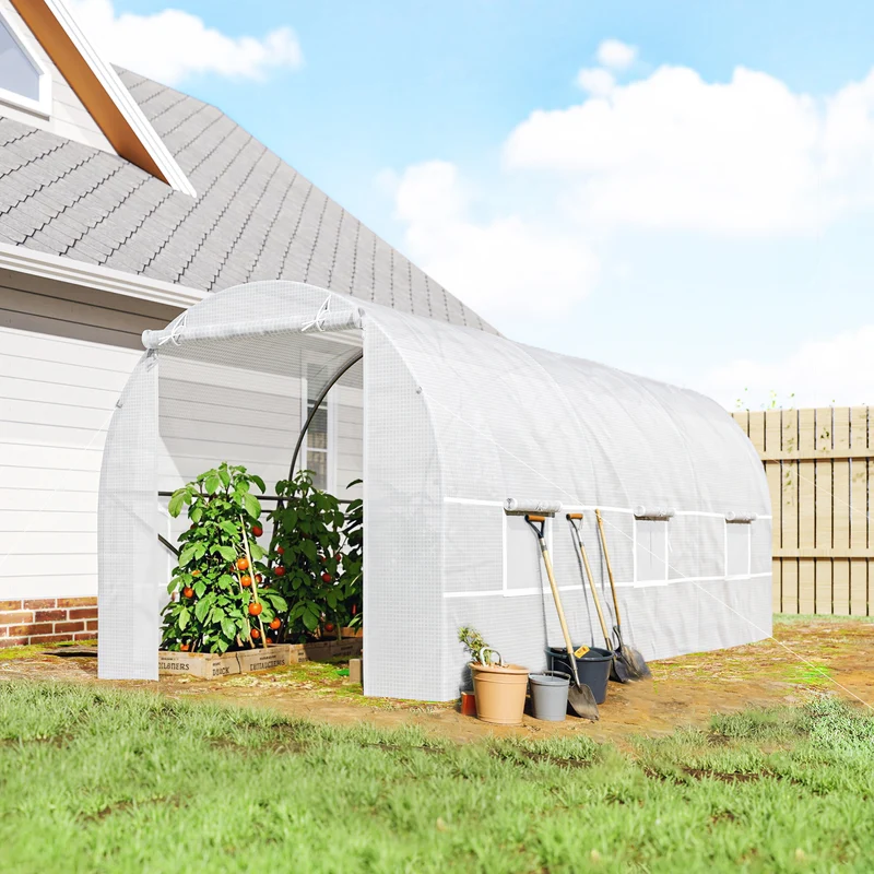 Outsunny Invernadero Túnel 445x200x200 Cm Con 6 Ventanas Cultivo Plantas Blanco