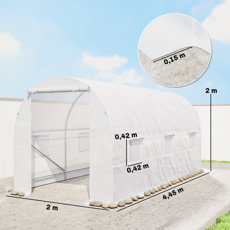 Outsunny Invernadero Túnel 445x200x200 Cm Con 6 Ventanas Cultivo Plantas Blanco