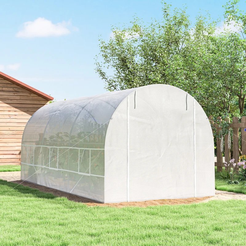 Outsunny Invernadero Túnel 445x200x200 Cm Con 6 Ventanas Cultivo Plantas Blanco