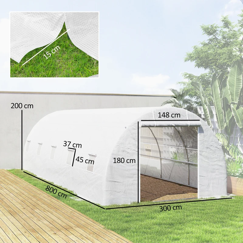 Outsunny Invernadero De Túnel 8x3x2 M Con 12 Ventanas Cubierta Pe Cultivo Blanco