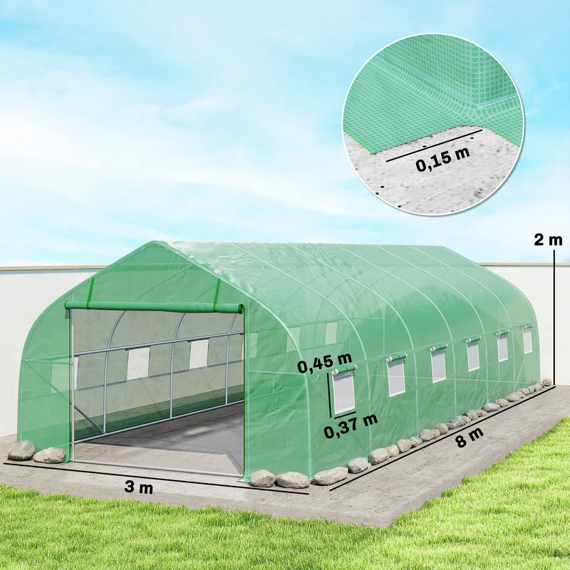 Outsunny Invernadero De Túnel 8x3x2 M Con 12 Ventanas Cubierta Pe Cultivo Verde