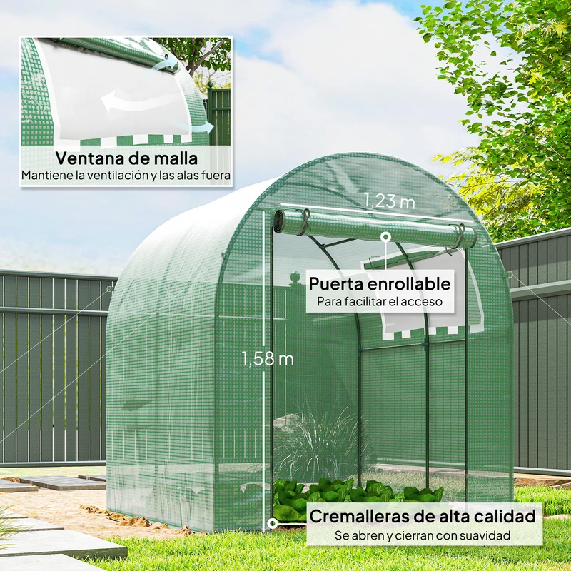 Outsunny Invernadero De Jardín 180x180x200 Cm Puerta Enrollable Ventana De Malla