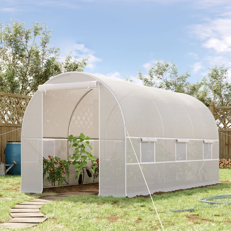 Outsunny Invernadero Túnel 400x200x200cm Con 6 Ventanas Cultivo Plantas Blanco