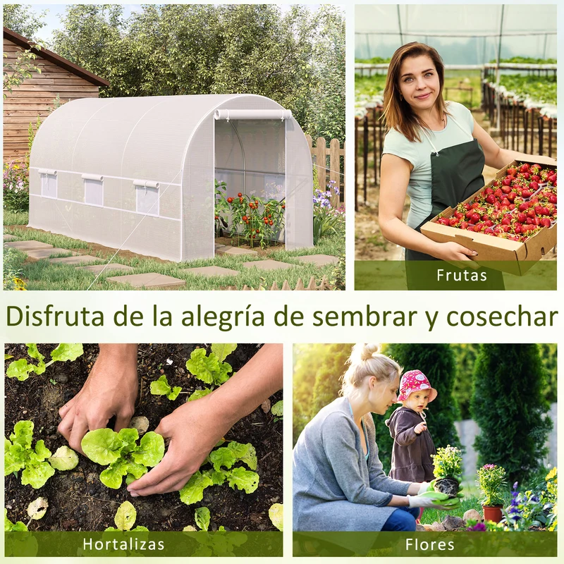 Outsunny Invernadero Túnel 400x200x200cm Con 6 Ventanas Cultivo Plantas Blanco
