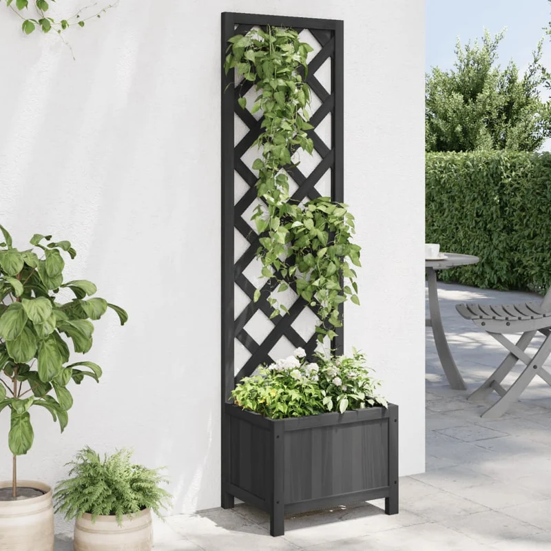 Jardinera Con Enrejado Negro 40x30x135 Cm Madera Maciza De Abeto