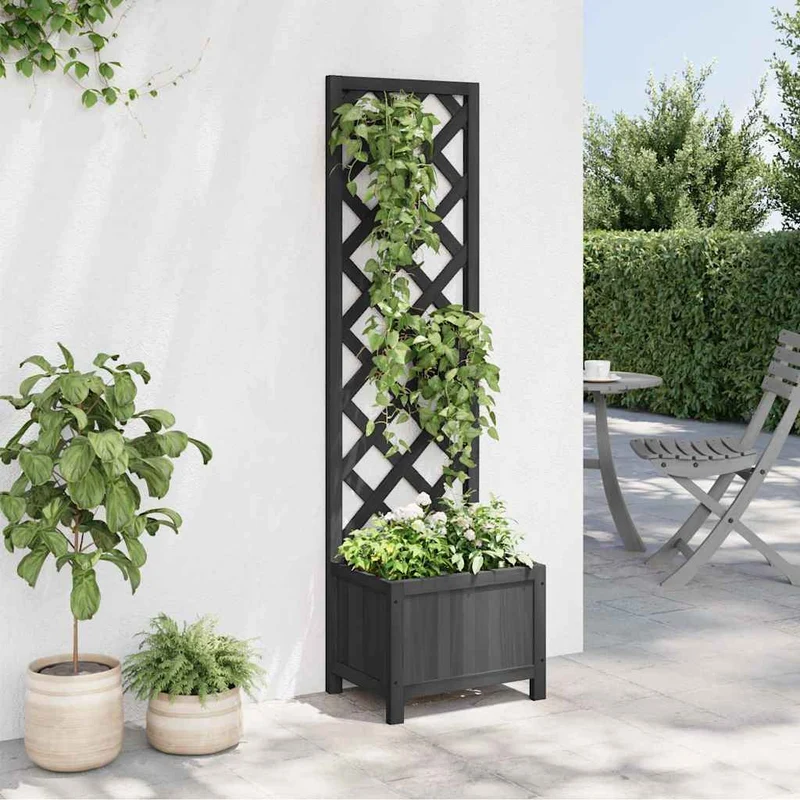 Jardinera Con Enrejado Negro 40x30x135 Cm Madera Maciza De Abeto
