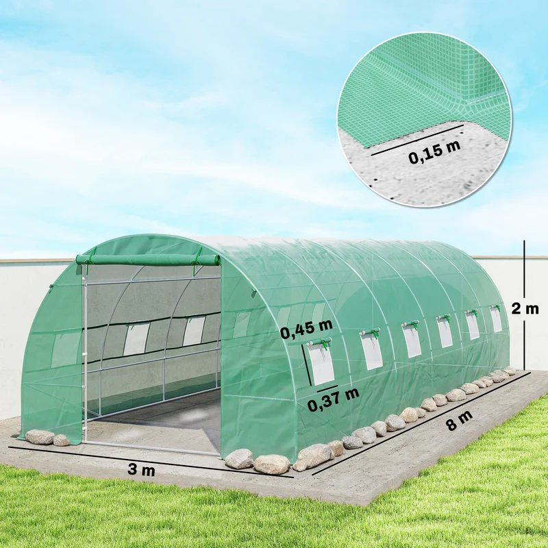 Outsunny Invernadero De Túnel 8x3x2 M Con 12 Ventanas Cubierta Pe Cultivo Verde