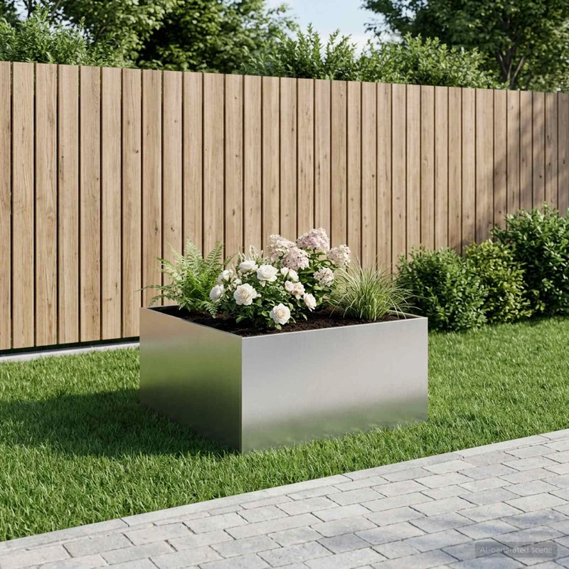 Macetero De Jardín Plateado 100 X 100 X 40 Cm Acero Inoxidable