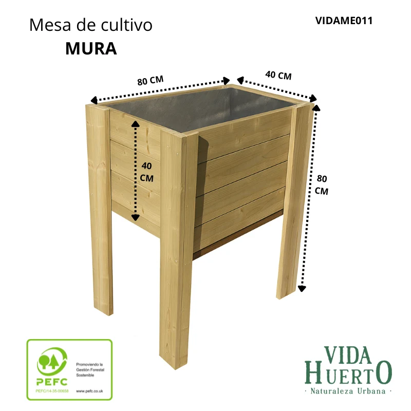 Mesa De Cultivo Mura Profunda 40cm Vidahuerto 80x40x80 Cm.