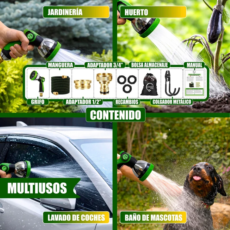 GREEN GOF Manguera De Jardín Premium 30m. 10 Funciones De Pulverización, Ligera, Extensible. Alta Resistencia. Verde