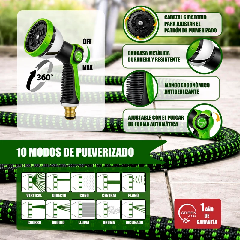 GREEN GOF Manguera De Jardín Premium 7,5m. 10 Funciones De Pulverización, Ligera, Extensible. Alta Resistencia. Verde