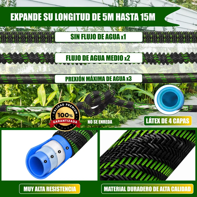 GREEN GOF Manguera De Jardín Premium 15m. 10 Funciones Pulverización, Ligera, Extensible. Alta Resistencia. Verde.