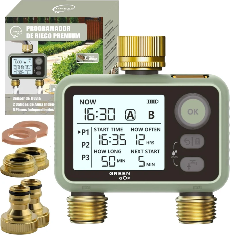 GREEN GOF Programador De Riego. Conectores De Latón, 2 Salidas De Agua, Sensor De Lluvia, 6 Prog. Independientes.