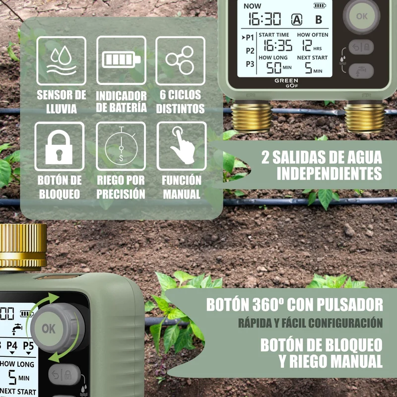 GREEN GOF Programador De Riego. Conectores De Latón, 2 Salidas De Agua, Sensor De Lluvia, 6 Prog. Independientes.