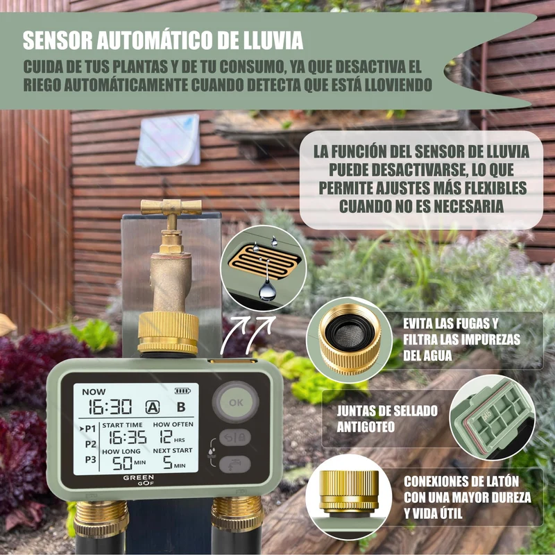 GREEN GOF Programador De Riego. Conectores De Latón, 2 Salidas De Agua, Sensor De Lluvia, 6 Prog. Independientes.