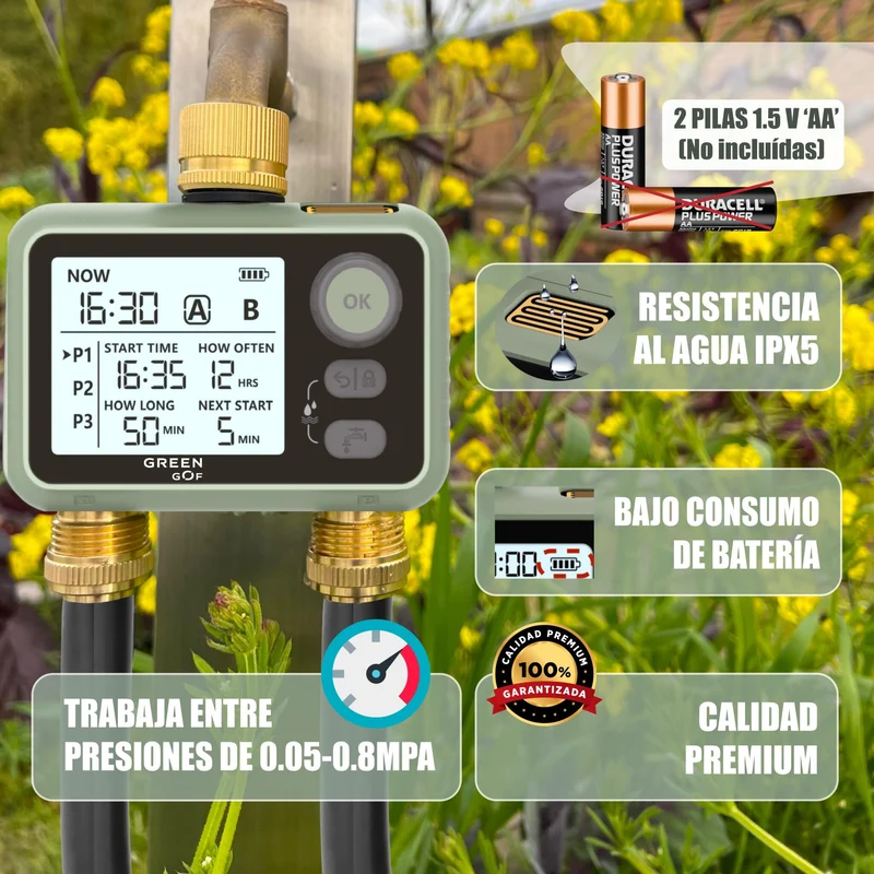 GREEN GOF Programador De Riego. Conectores De Latón, 2 Salidas De Agua, Sensor De Lluvia, 6 Prog. Independientes.