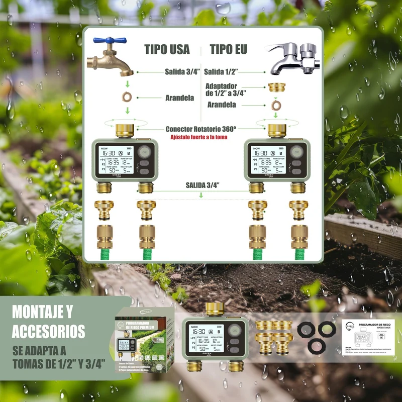 GREEN GOF Programador De Riego. Conectores De Latón, 2 Salidas De Agua, Sensor De Lluvia, 6 Prog. Independientes.