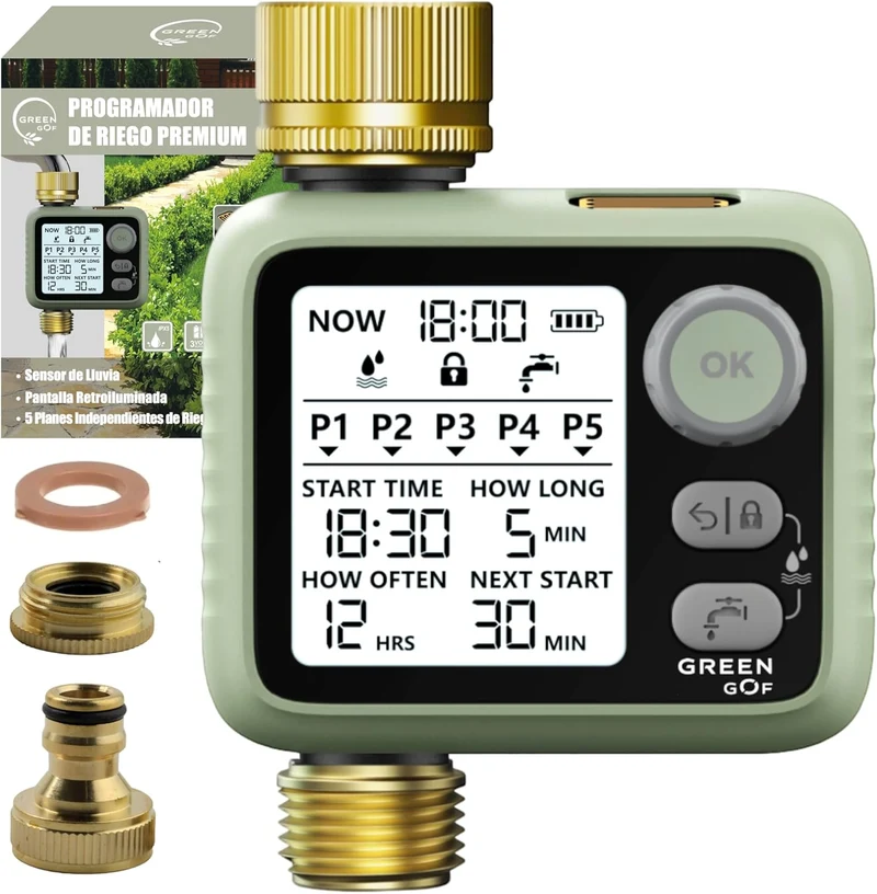 GREEN GOF Programador De Riego. Conectores De Latón, Sensor De Lluvia, Pantalla Retroiluminada, 5 Prog. Independientes.