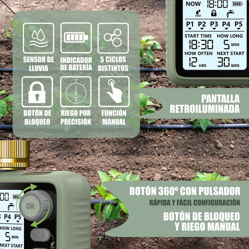 GREEN GOF Programador De Riego. Conectores De Latón, Sensor De Lluvia, Pantalla Retroiluminada, 5 Prog. Independientes.