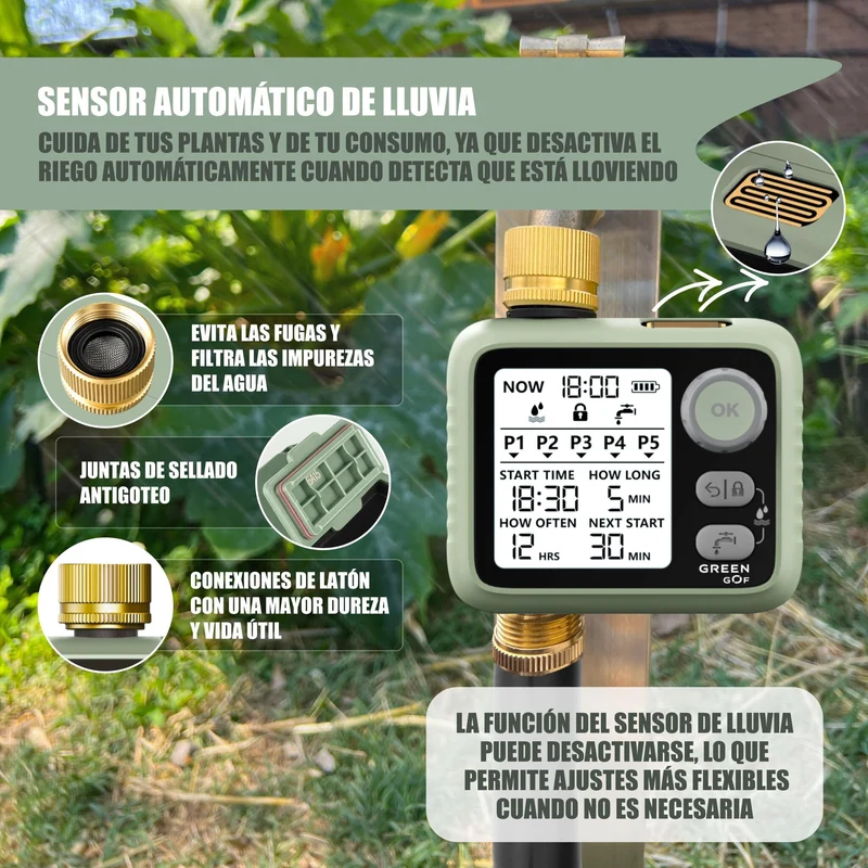 GREEN GOF Programador De Riego. Conectores De Latón, Sensor De Lluvia, Pantalla Retroiluminada, 5 Prog. Independientes.