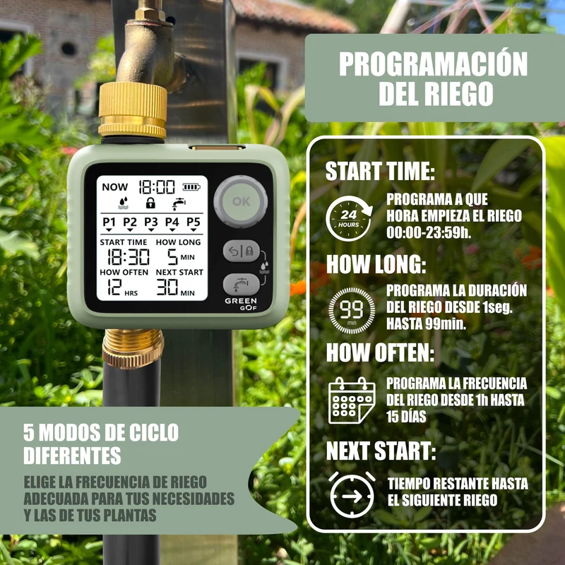 GREEN GOF Programador De Riego. Conectores De Latón, Sensor De Lluvia, Pantalla Retroiluminada, 5 Prog. Independientes.
