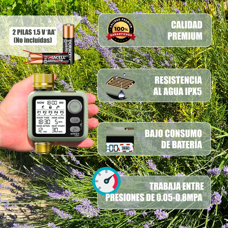 GREEN GOF Programador De Riego. Conectores De Latón, Sensor De Lluvia, Pantalla Retroiluminada, 5 Prog. Independientes.