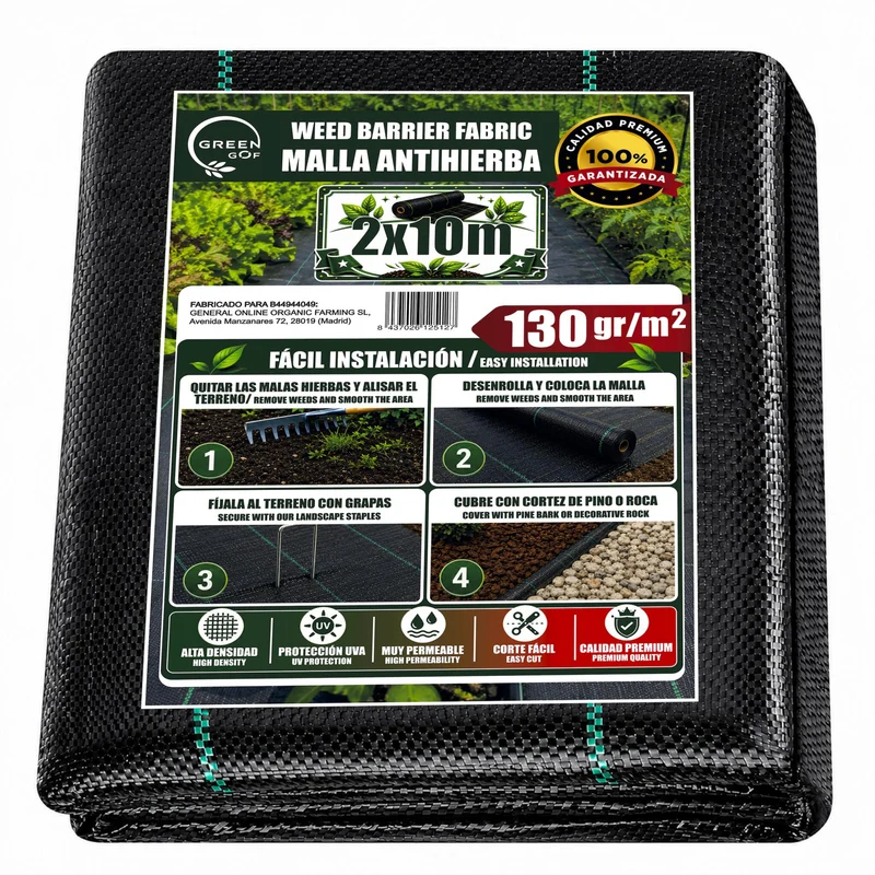 GREEN GOF Malla Antihierbas Premium 2x10m, 130g/m² - Ultra Resistente. Alta Estabilización Uv, Permeable Y Transpirable.