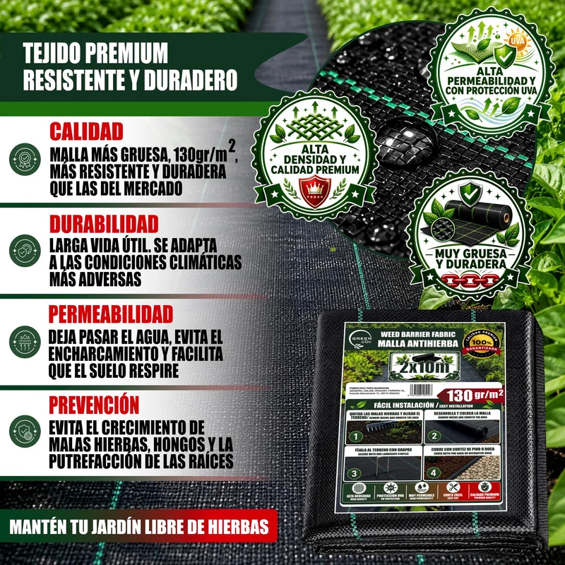 GREEN GOF Malla Antihierbas Premium 2x10m, 130g/m² - Ultra Resistente. Alta Estabilización Uv, Permeable Y Transpirable.