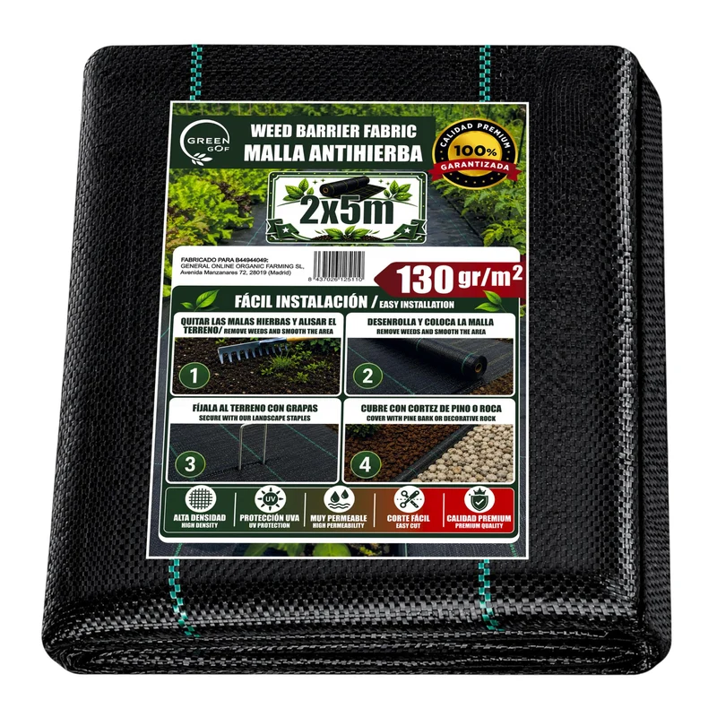 GREEN GOF Malla Antihierbas Premium 2x5m, 130g/m² - Ultra Resistente. Alta Estabilización Uv, Permeable Y Transpirable.