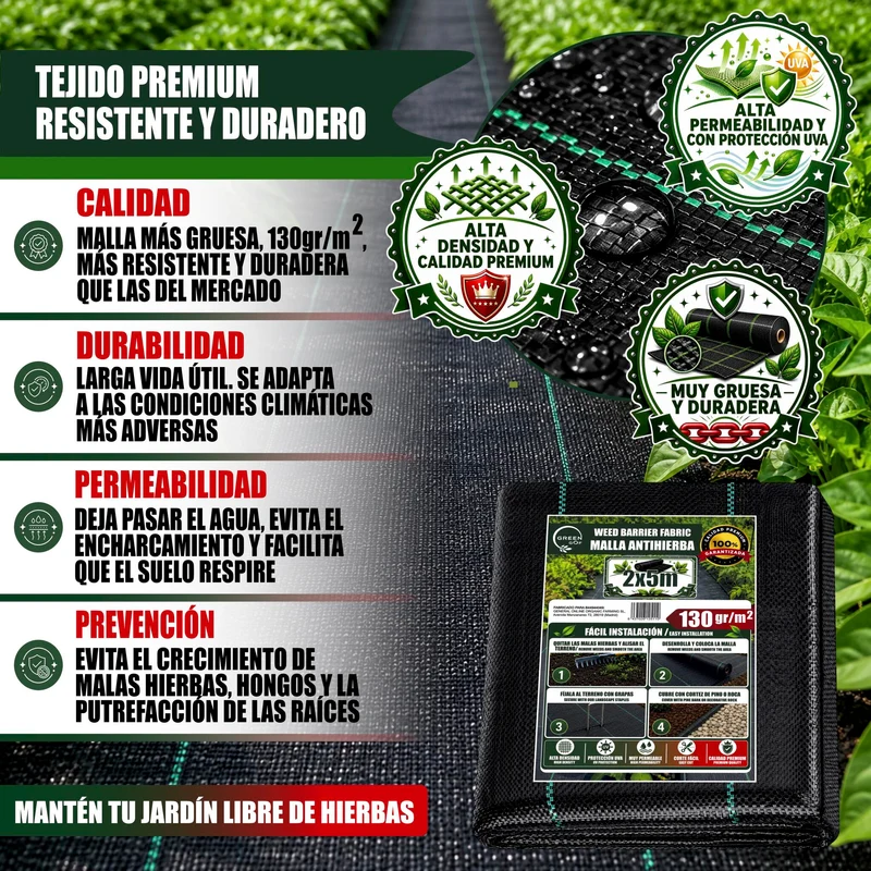GREEN GOF Malla Antihierbas Premium 2x5m, 130g/m² - Ultra Resistente. Alta Estabilización Uv, Permeable Y Transpirable.