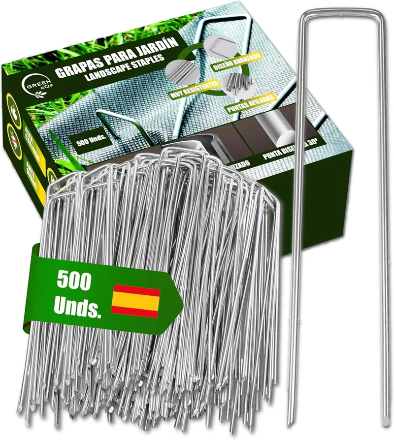 GREEN GOF 500 Grapas Para Malla Antihierba, Cesped Artificial Y Jardin. Acero Galvanizado, 15x4cm, Ø3mm.