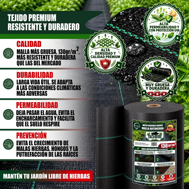 GREEN GOF Malla Antihierbas Premium 1x50m, 130g/m² - Ultra Resistente. Alta Estabilización Uv, Permeable Y Transpirable