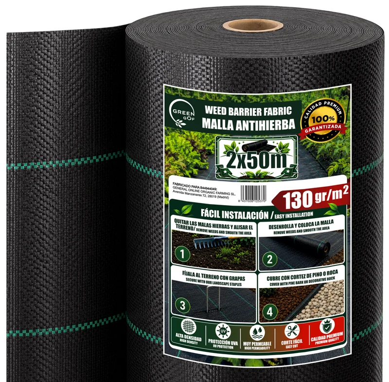 GREEN GOF Malla Antihierbas Premium 2x50m, 130g/m² - Ultra Resistente. Alta Estabilización Uv, Permeable Y Transpirable.