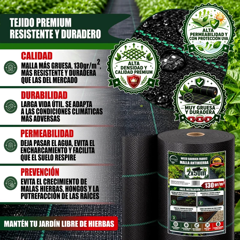 GREEN GOF Malla Antihierbas Premium 2x50m, 130g/m² - Ultra Resistente. Alta Estabilización Uv, Permeable Y Transpirable.