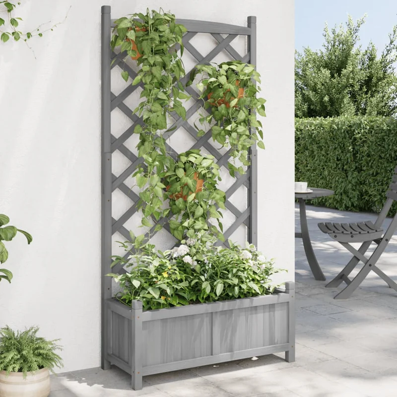 Jardinera Con Enrejado Gris 75x35x150 Cm Madera Maciza De Abeto