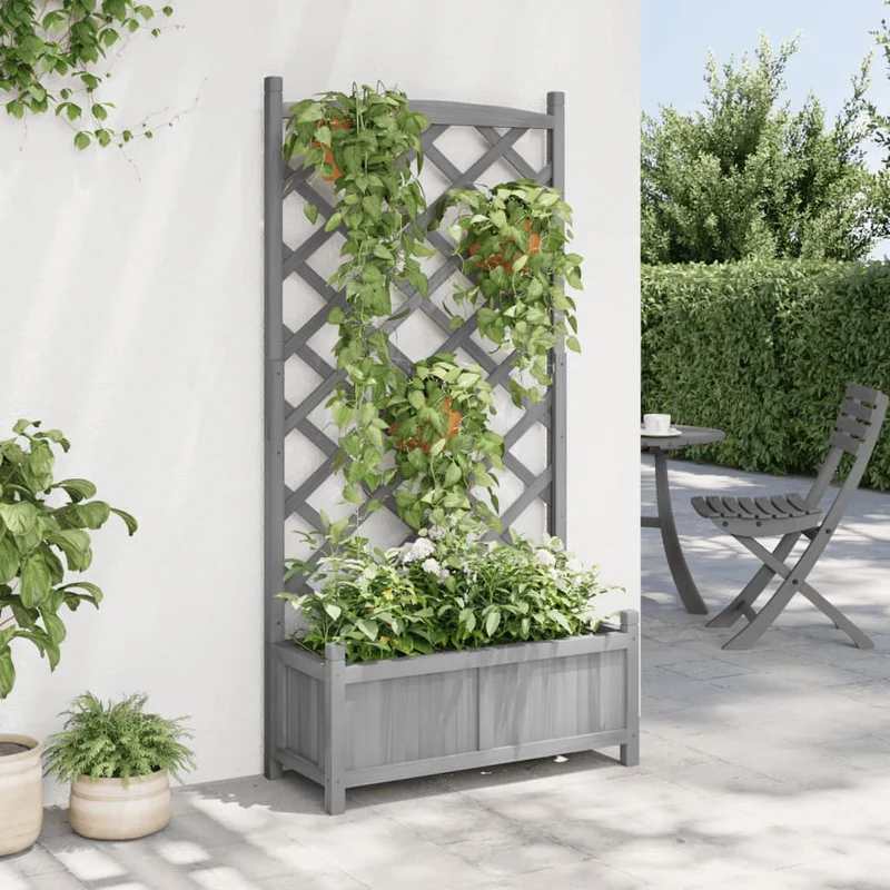Jardinera Con Enrejado Gris 75x35x150 Cm Madera Maciza De Abeto