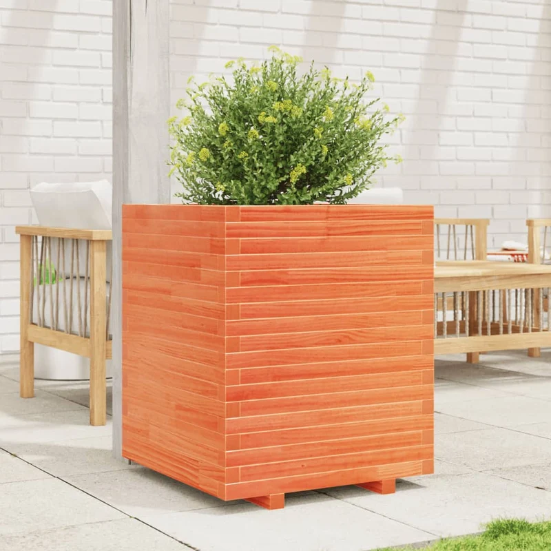 Jardinera Exterior Madera Maciza Pino Marrón Cera 60x60x72 Cm