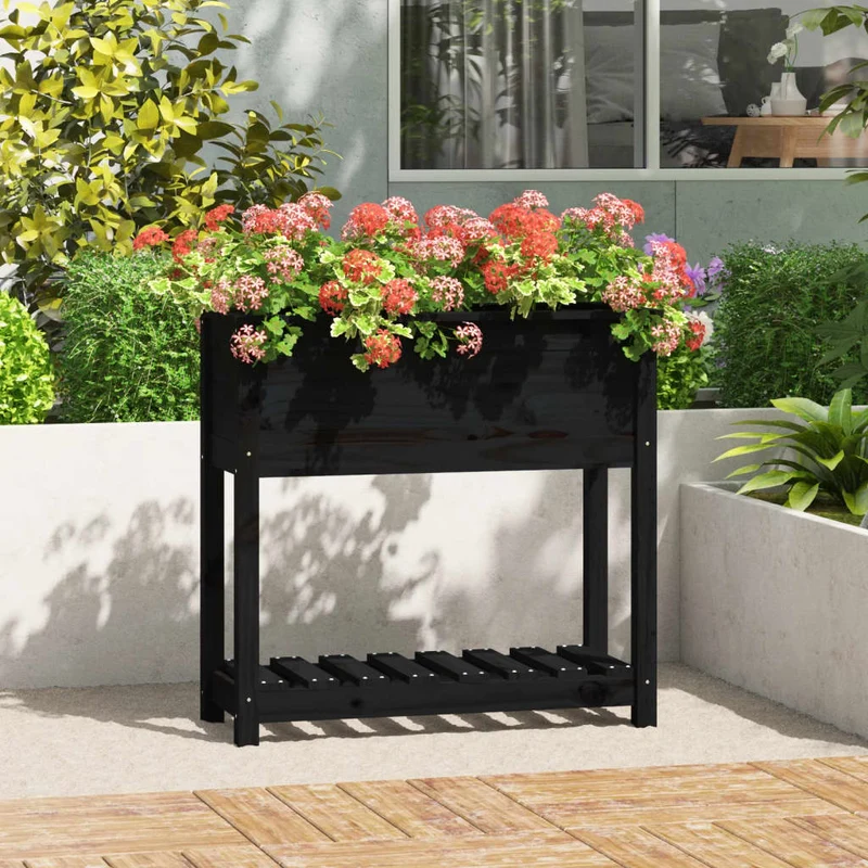 Jardinera Con Estante Madera Maciza Pino Negro 82,5x34,5x81 Cm
