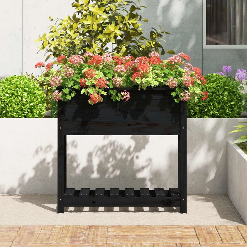 Jardinera Con Estante Madera Maciza Pino Negro 82,5x34,5x81 Cm