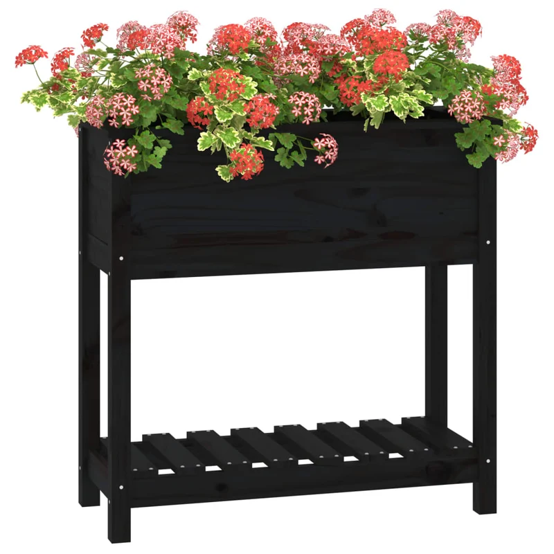 Jardinera Con Estante Madera Maciza Pino Negro 82,5x34,5x81 Cm